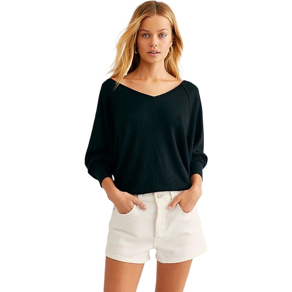 Free People BLACK Santa Clara  Waffle Thermal Top